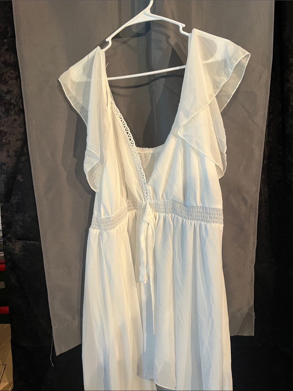 Elegant White Chiffon V-Neck Chemise with Ruffle Sleeves
